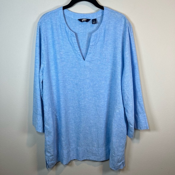 Lands' End Linen Blend Split Neck Tunic Top Blue Nautical Lagenlook Shirt  Large - Picture 1 of 14